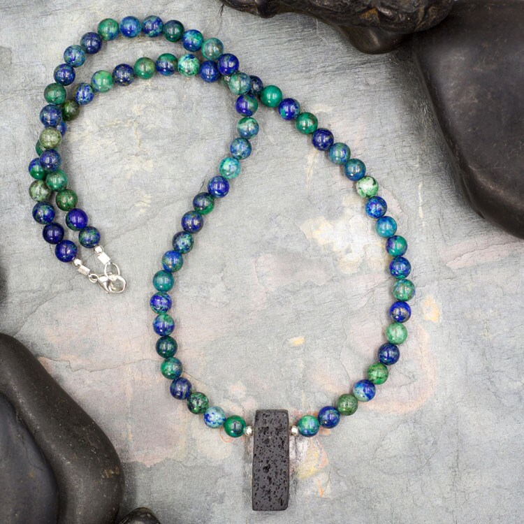 Azurite with Malachite and Lava Rock Aromatherapy Necklace