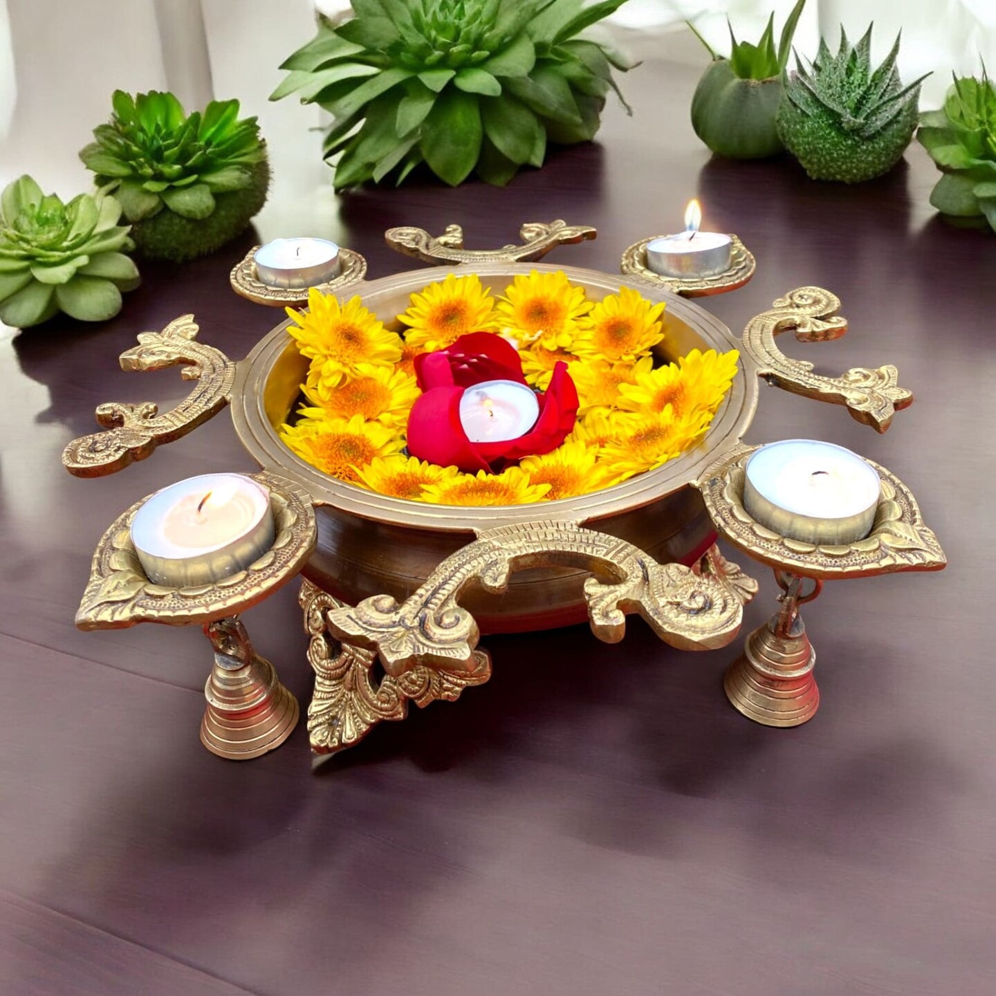 Brass Urli Bowl with Diya Bells 4.25 Inch Flower Decorative Urli Bowls for Floating Flowers Tea Light Candles Home Office Table Decor Diwali Decoration Indian Ethnic Showpiece Item (4 Diya)