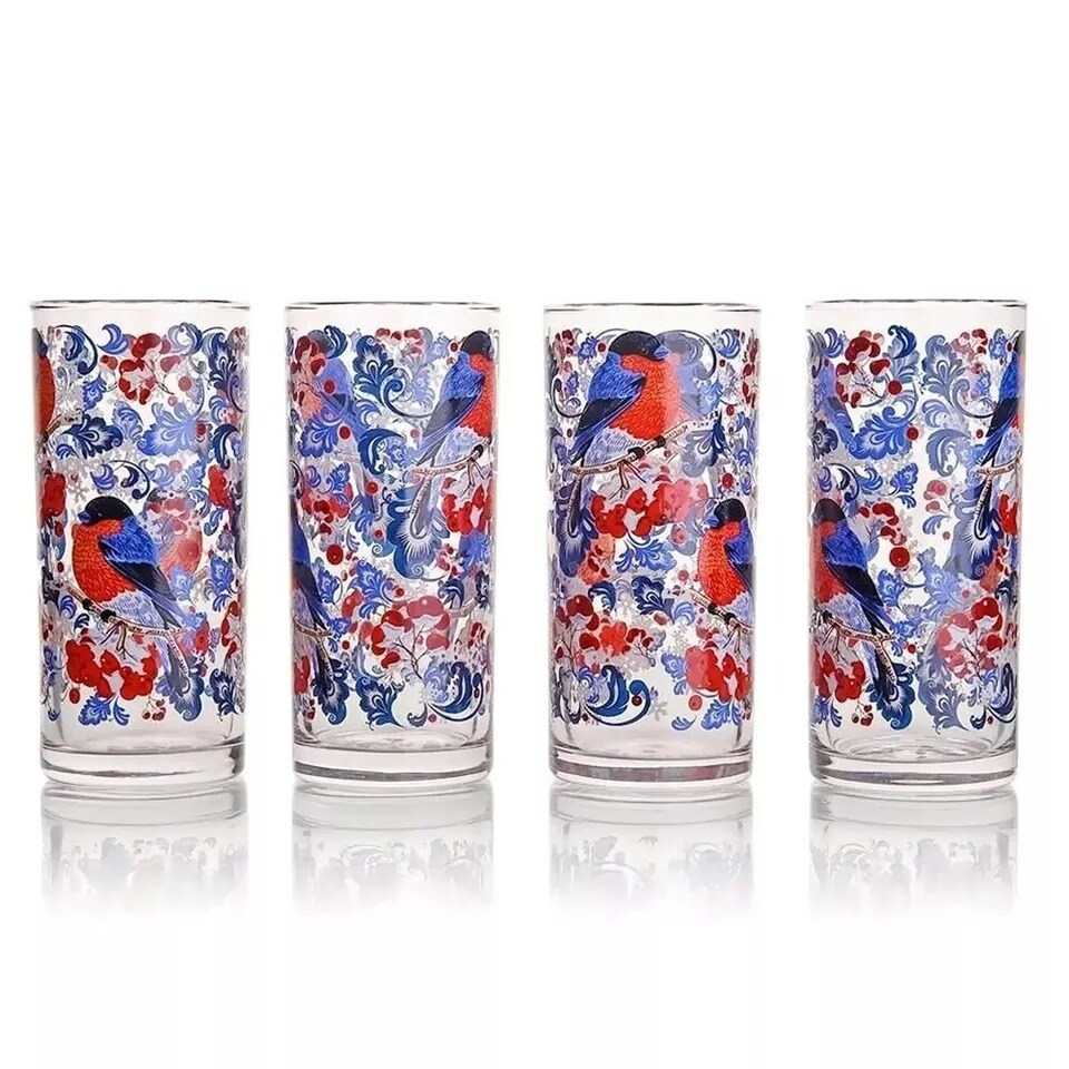 SET OF 4 BULLFINCH CHRISTMAS GLASSES Drinking Highball Tumbler Glasses. 4 x 10oz