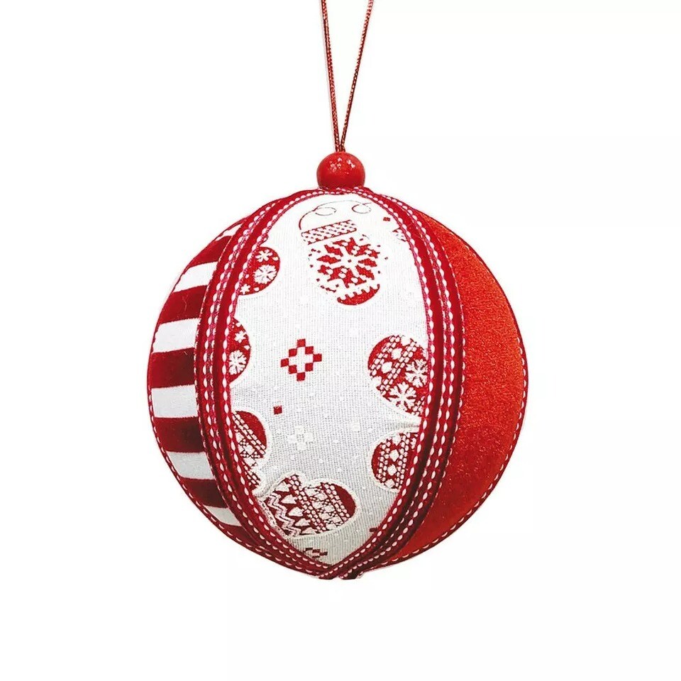 Red and White Fabric Christmas Tree Ornament, Holiday Bauble