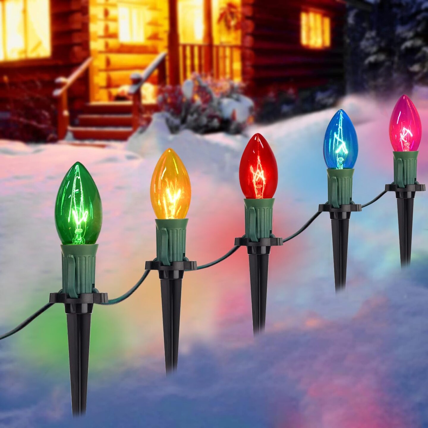 38 Feet Christmas Pathway Lights Christmas Decorations Outdoor Yard, C9 25 Walkway Lights with 25 Marker Stakes, Waterproof Connectable C9 String Lights for Driveway Yard Outdoor Christmas Decorations