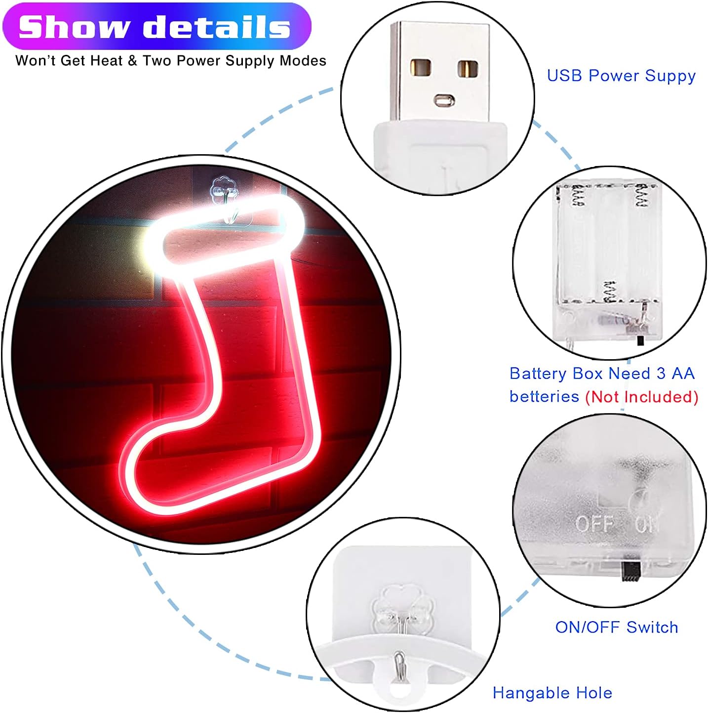 Christmas Stocking Neon Signs for Wall Decor, Battery and USB Powered Christmas LED Signs, Neon Lights for Bedroom, Children&#x27;s Room, Girls Gifts, Holiday Party, Christmas Decoration