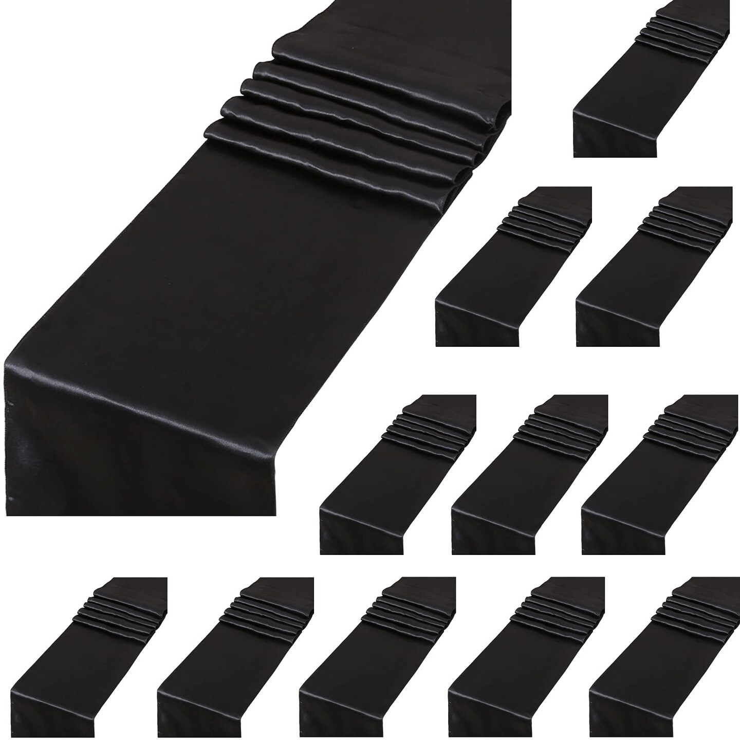 12 Pack Black Satin Table Runners 12 x 108 inches Long Silk Smooth Fabric Black Table Runner for Wedding Banquet Graduations Birthday Halloween Party Decoration