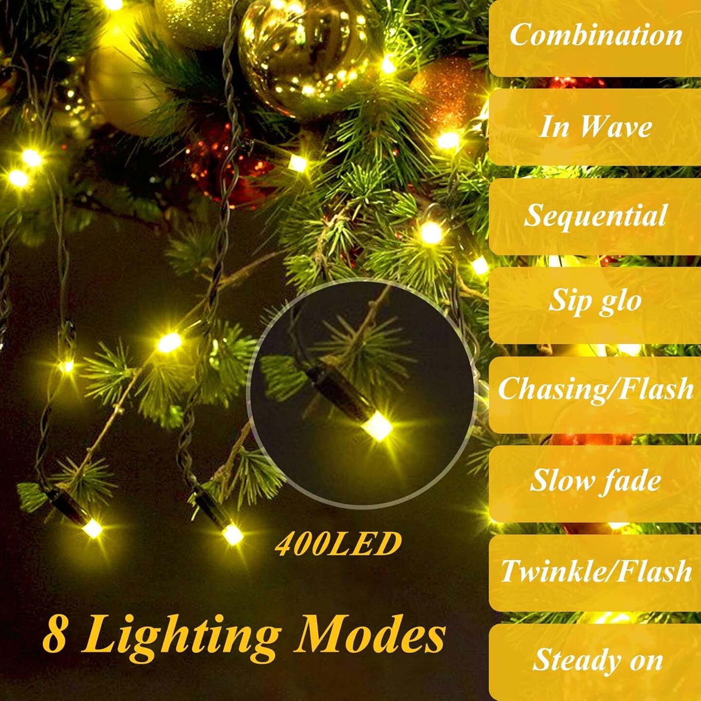Christmas Tree Lights, 400 LED Christmas Lights with 8 Light Modes & Memory Function, 6.6FT x 16 String Lights with Timing Function & Remote Control for Christmas Decorations - Warm White