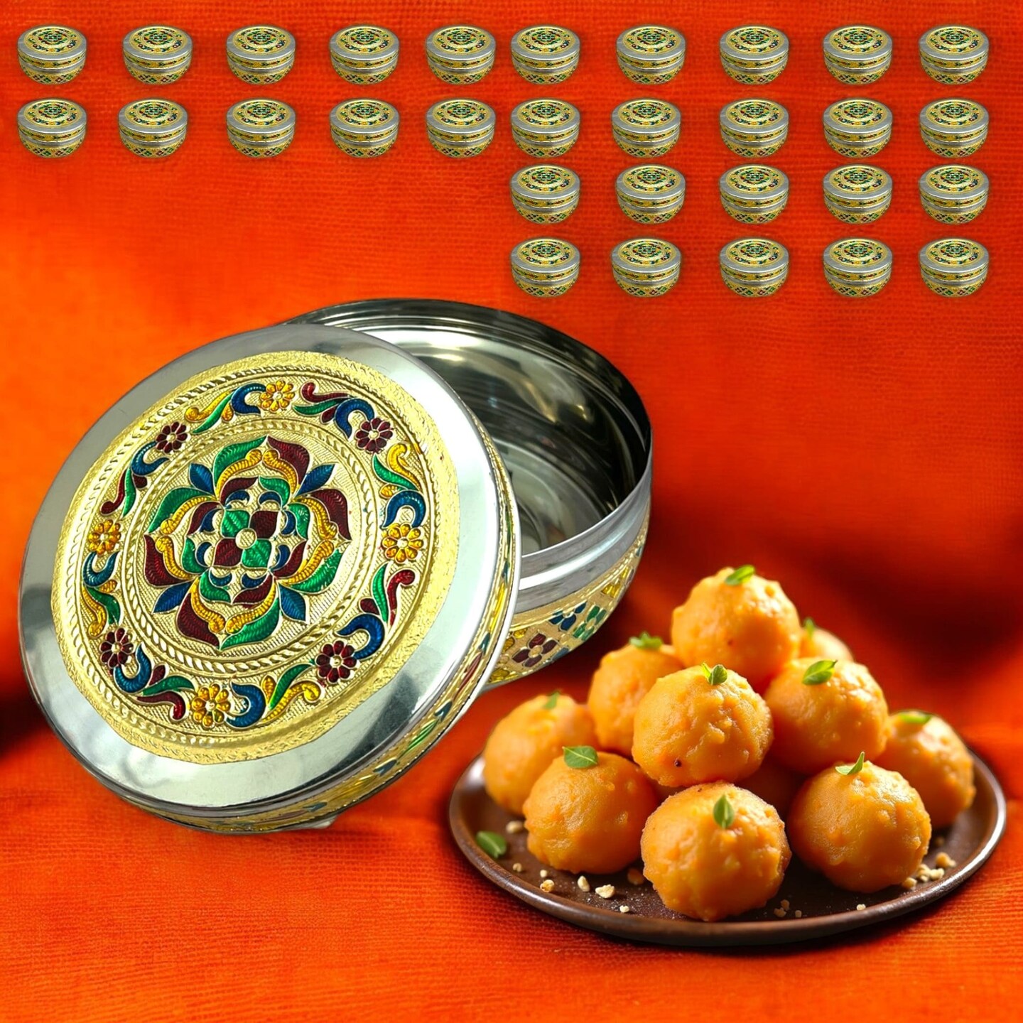 Meenakari Stainless Steel Box Decorative Round Cookie Tin Indian Wedding Favor Container Dabba for Sweets Laddu Dryfruit Chocolate Multipurpose Storage Box - Housewarming Return Gift