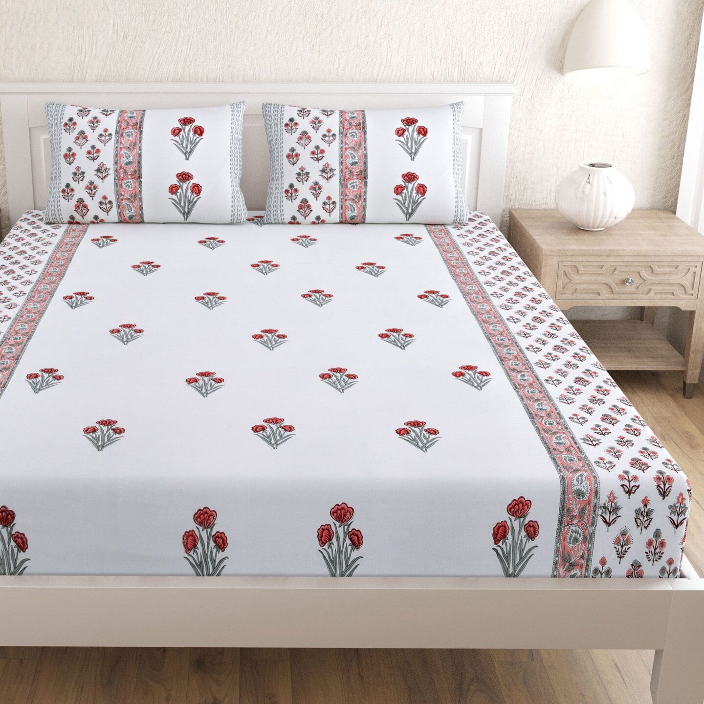 100% Cotton Floral Print Fitted Sheet Set 3pcs 150 Thread Count Indian Ethnic Bedsheets Premium Soft &#x26; Breathable Bedding Set Home Decor Sheets (king, Queen)