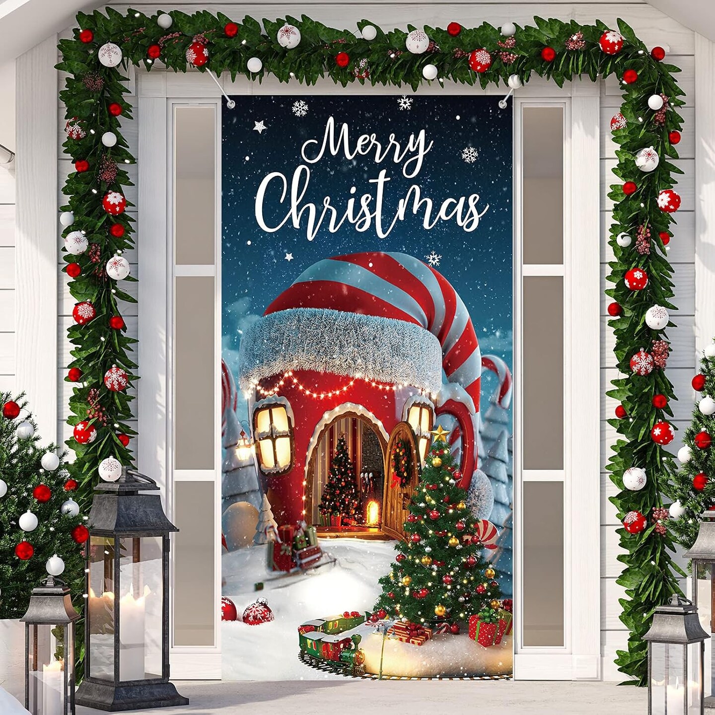 Xmas Door Hanging Covers Photo Booth Props for Christmas Party Decorations