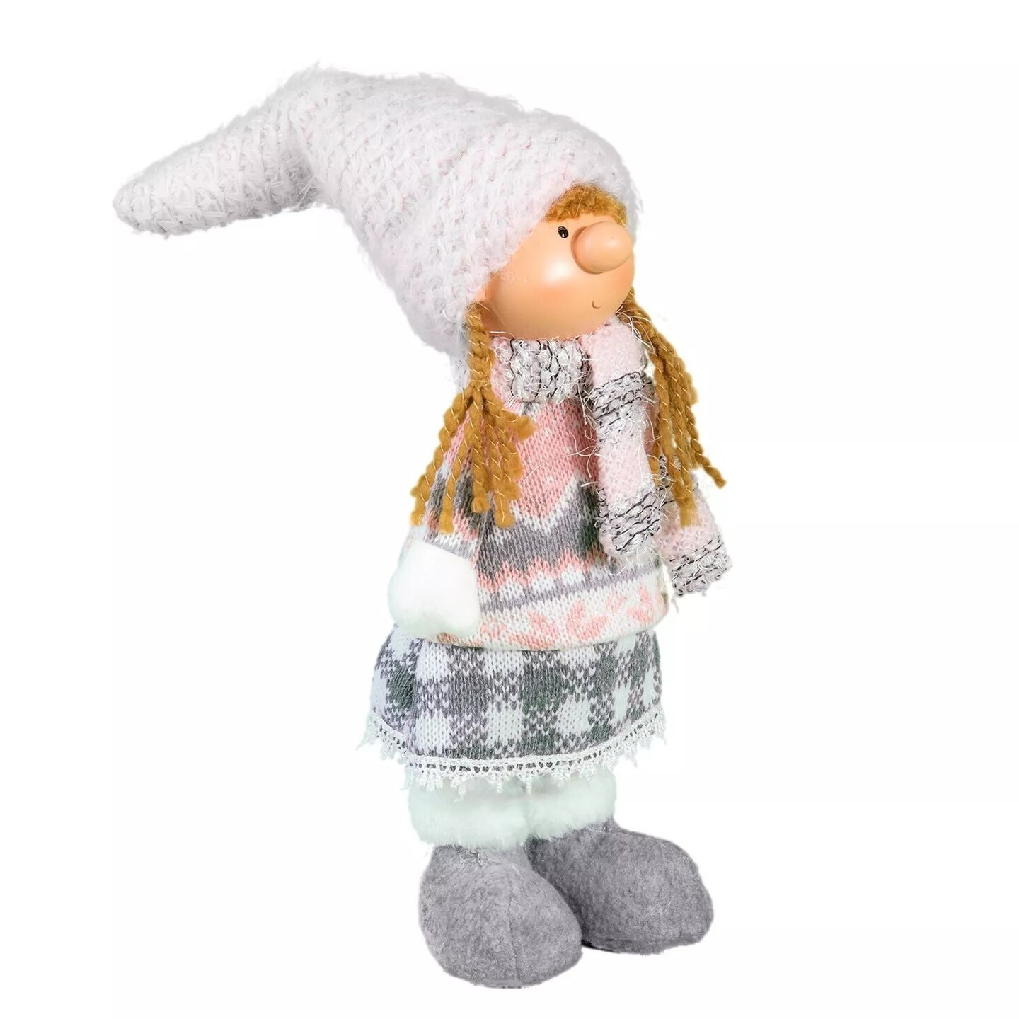 Gnome Girl Doll Christmas Tree Figurine Holiday Doll, Pink Gray 17"