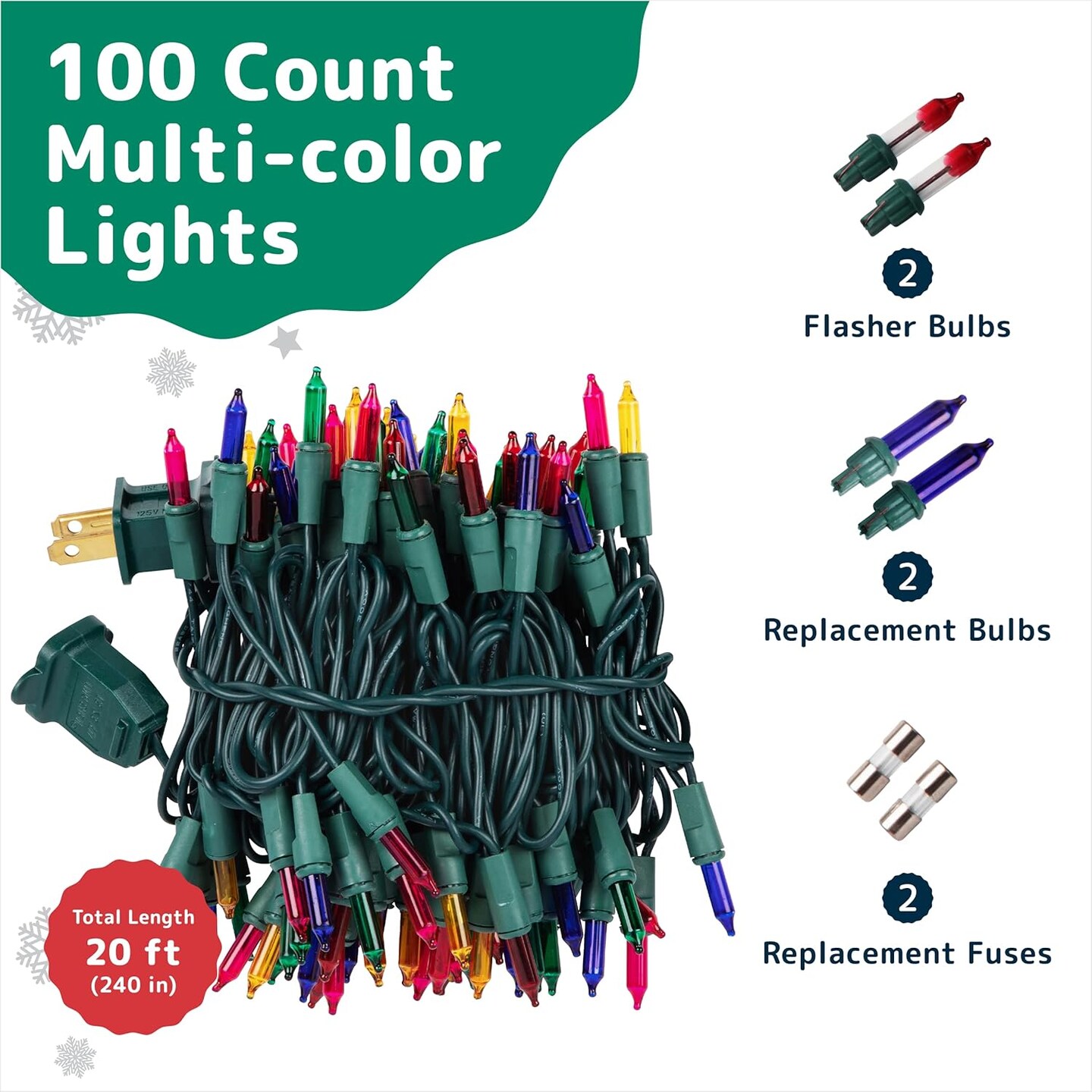 Incandescent Christmas Lights - 100 Multi Color String Lights with Green Wire - Twinkle Holiday Lights for Indoor Christmas Tree Decor - End-to-End Connectable, Includes Extra Bulbs - 20 Feet
