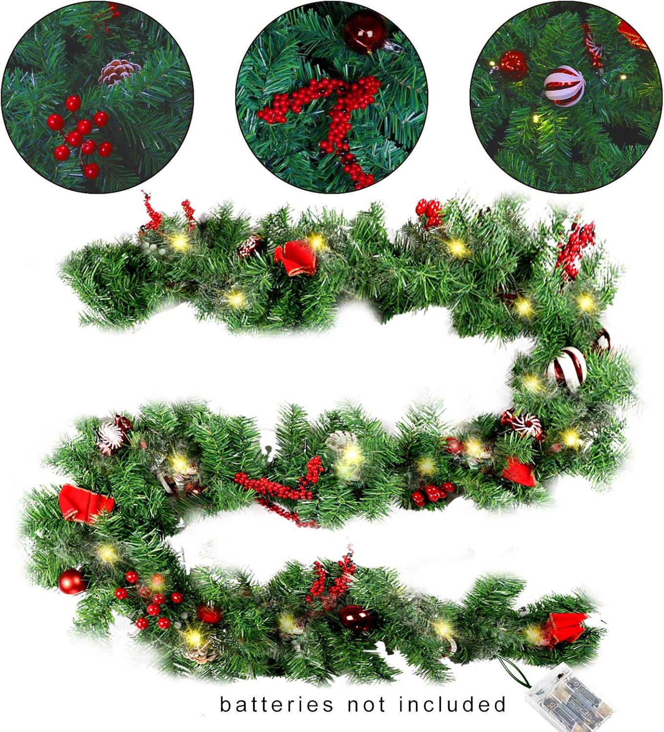 9 FT LED Christmas Garland with Pinecones Red Berries Bows Christmas Balls Candies, Multi-function Christmas Garland with 50 Warm White LED Lights, 180 Branch Tips