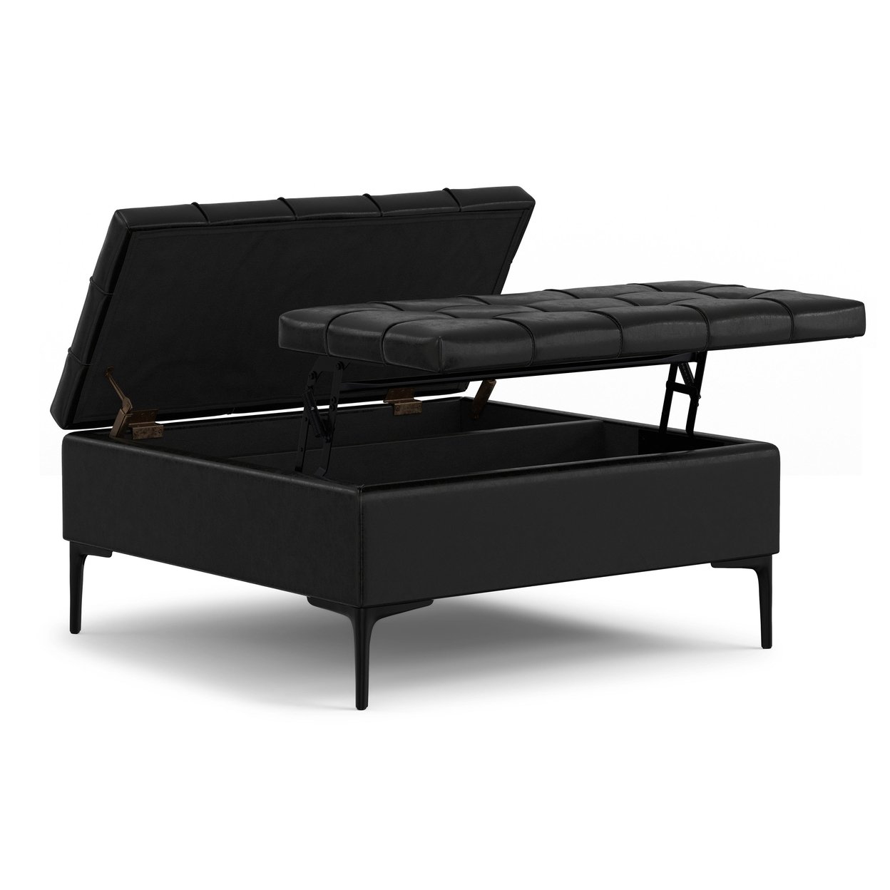 Laura Lift Top Storage Ottoman Vegan Leather Black Square Tufted 2 Compartments