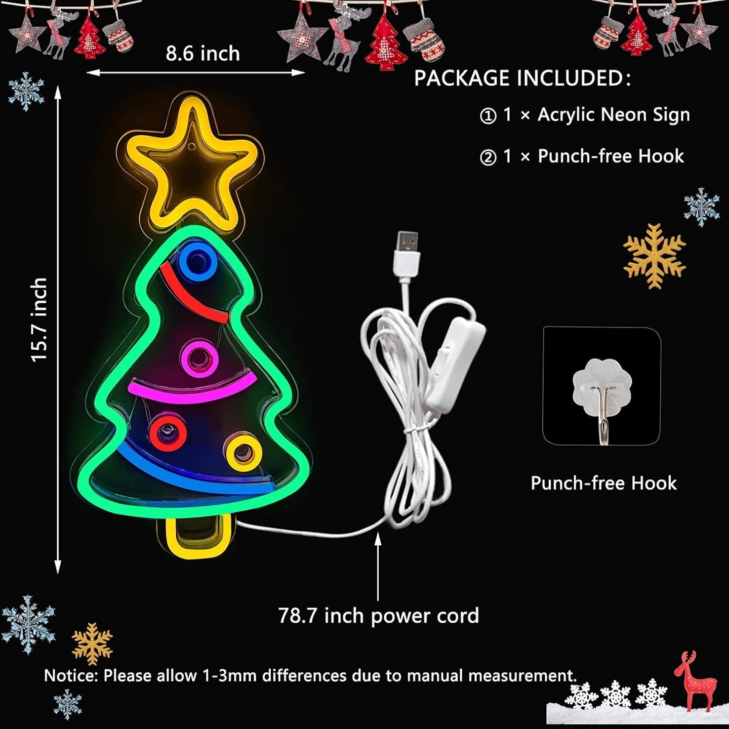 Christmas Tree Neon Sign, Xmas Trees LED Neon Signs for Wall Decor Art, USB Powered Acrylic Neon Lights for Bedroom Kids&#x27; Room Home Decoration Man Cave Birthday Bar Wedding Party Decorations
