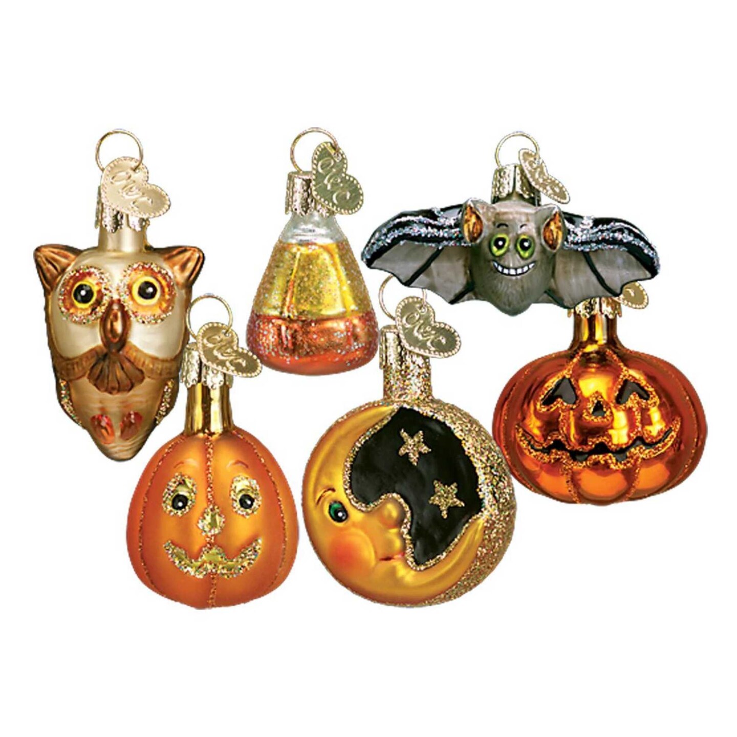 Old World Christmas 2.0 Inch Miniature Halloween Assortment Halloween Tree Ornament Set , Owl Bats Moon