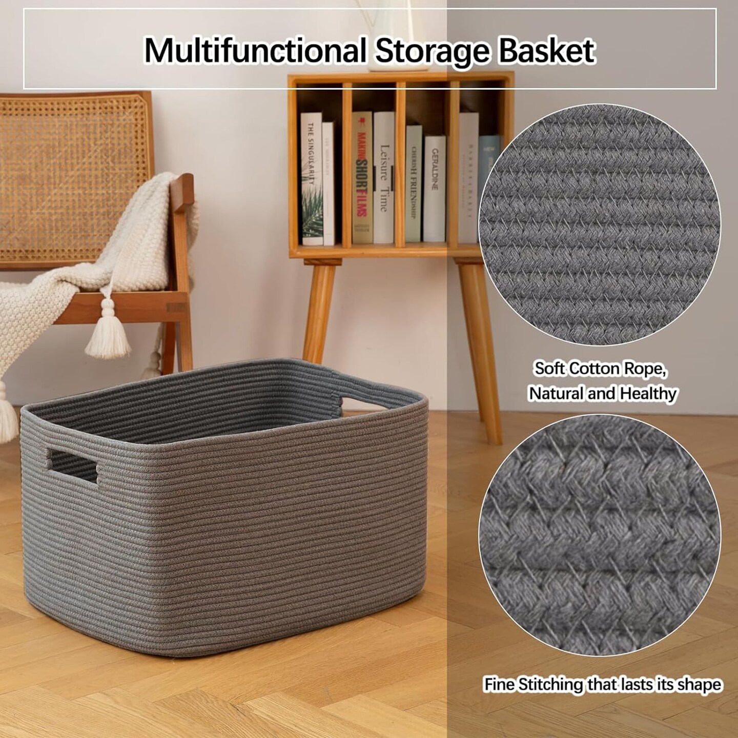 XXLarge Rectangle Blanket Basket-96L, Cotton Woven Basket for Storage, Dirty Clothes Basket for Living Room, Nursery, Bedroom, Toy Organizing with Handle, 24" x 16" x 15", Dark Grey
