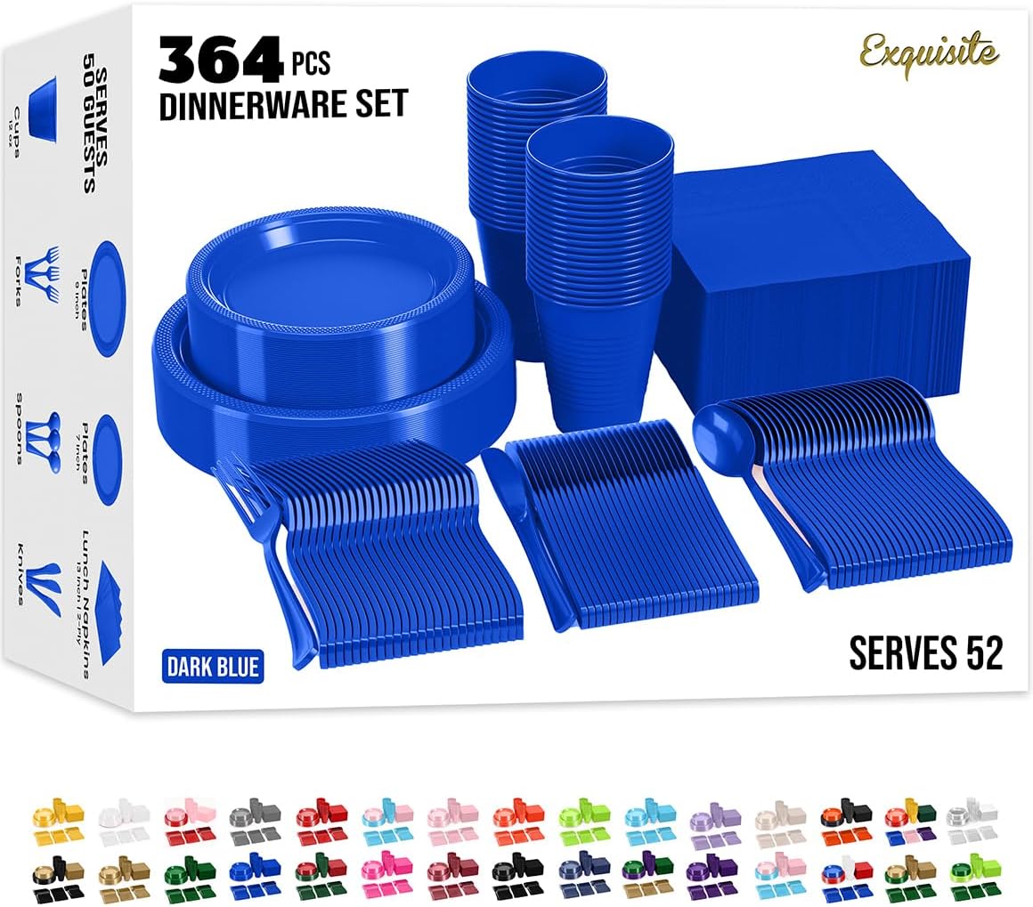 Exquisite 350 Pcs Plastic Plates for Party – Disposable Plates Set – 50 Each of 9" Dinner Plates, 7" Dessert Plates, Plastic Cups, Napkins & Plastic Cutlery – Plastic Dinnerware by Party Solids