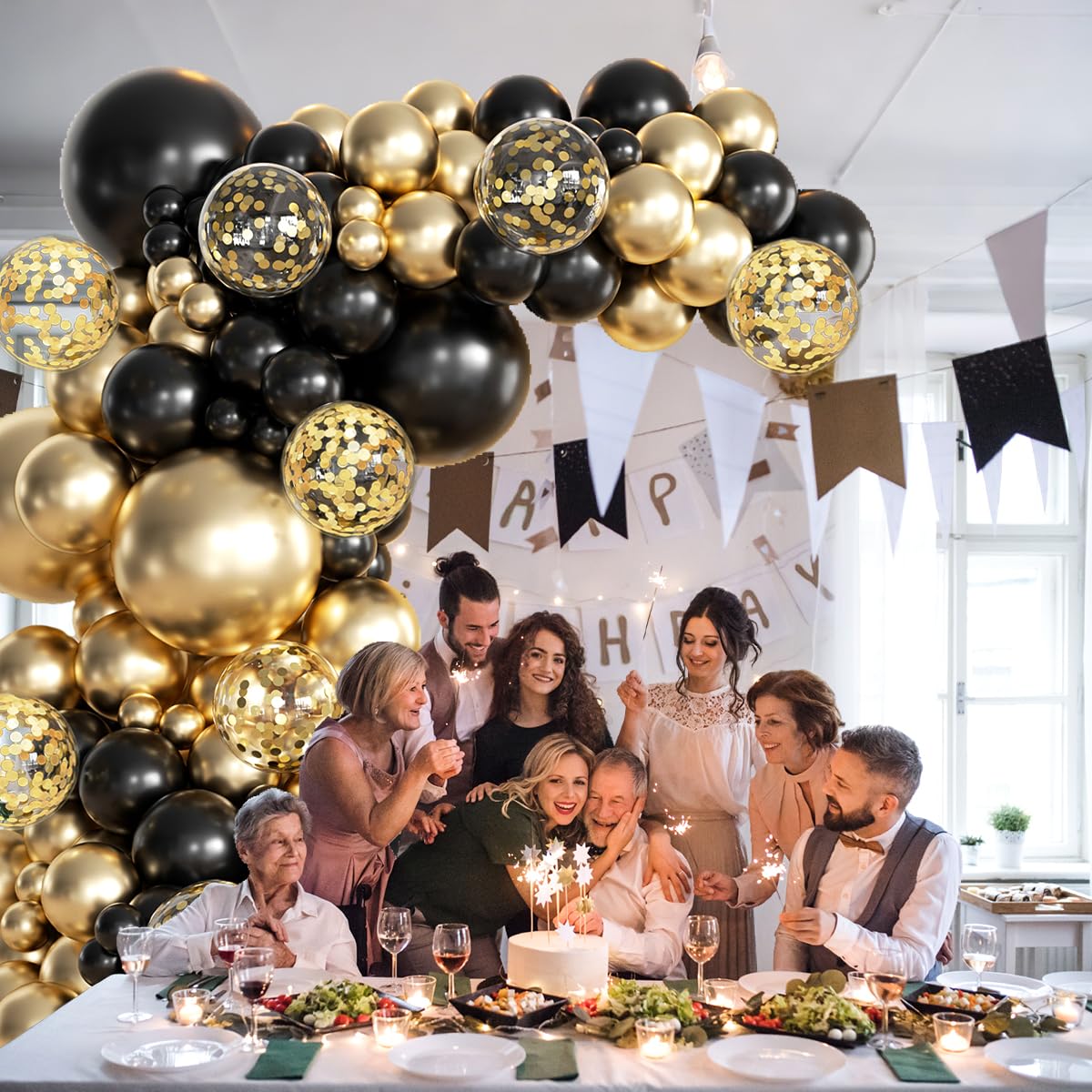 MEBAY 155Pcs Black and Gold Balloon Garland Arch Kit with Gold Confetti Balloons for Graduation New Year Birthday Wedding Party Decorations