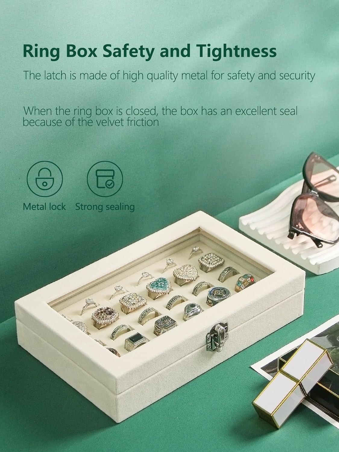 Ring Holder Organizer Box,Jewelry Ring Display Case, Earring Necklace Storage Tray With Top Glass Lid