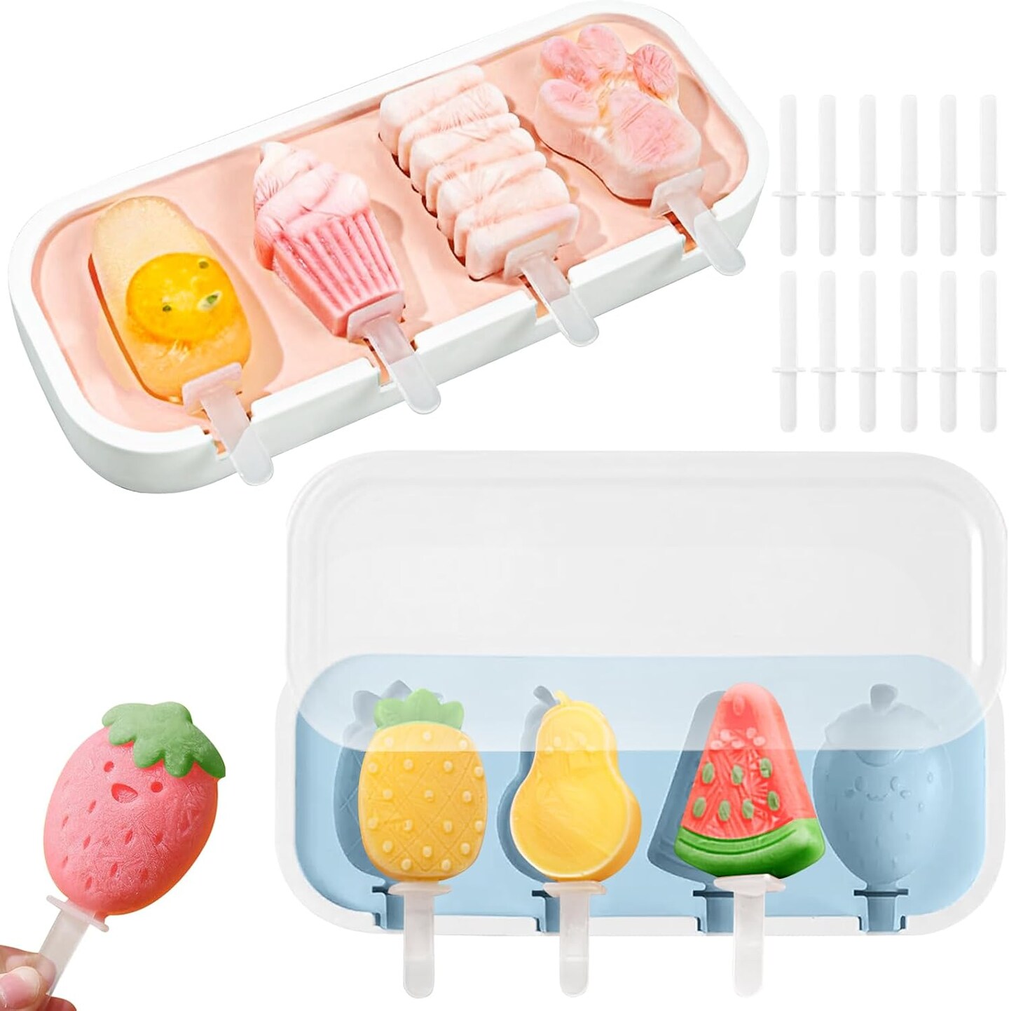Popsicles Molds,2 PCS Silicone Popsicle Molds,Homemade DIY Popsicle Mould Ice Pop Mold,6 Cavities Popsicle Maker with Lid,Popsicle Molds with Reusable Sticks (Pink+Blue)