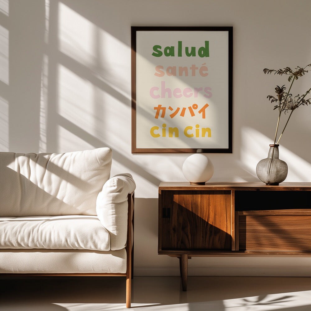 Cheers Typography - Salud Sant&#xE9; Cheers Kanpai Cin cin - Rio Sol&#xE9;y 24x36 Black Framed Art | Home or Office Art