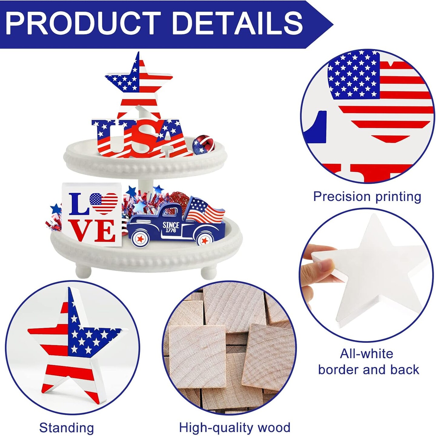 4th of July Decor Patriotic Decorations 4Pcs Wooden Star USA LOVE Car Sign Fourth of July Tabletop Decorations Memorial Day Red White and Blue Decor