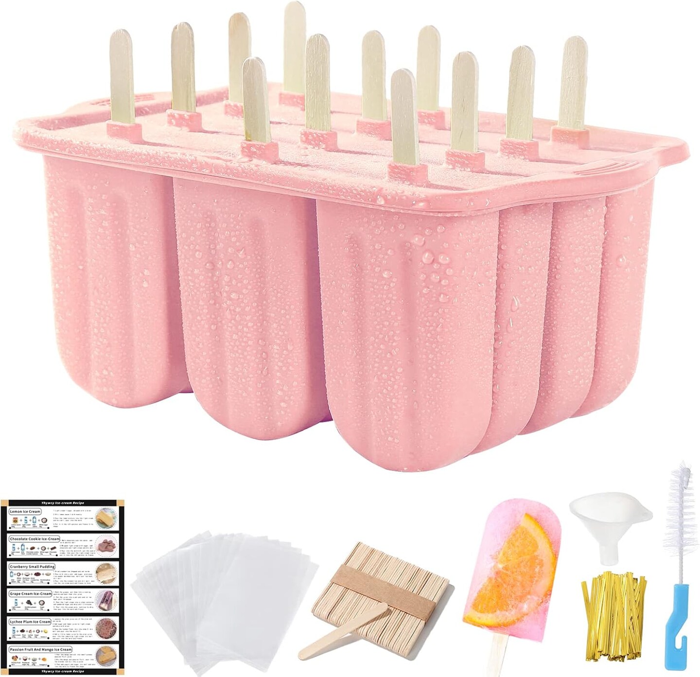 Popsicles Molds Set, 12 Cavity Homemade Maker Ice Pop Mold, Silicone Freezer Molds with 50 Popsicle Sticks 50 Popsicle Bags 50 Ties Funnel Recipes and Brush (Pin k)