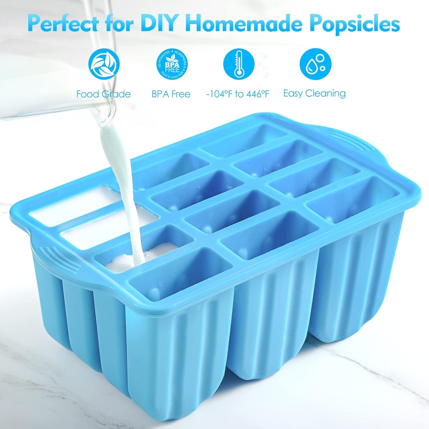 Popsicle Molds Silicone BPA-free,12 Pieces Popsicle Trays for Freezer,Homemade Ice Cream Popsicle Molds,Large Ice Pop Maker Set,Reusable Ice Lolly Mould with 100PCS Popsicle Sticks (Bule)