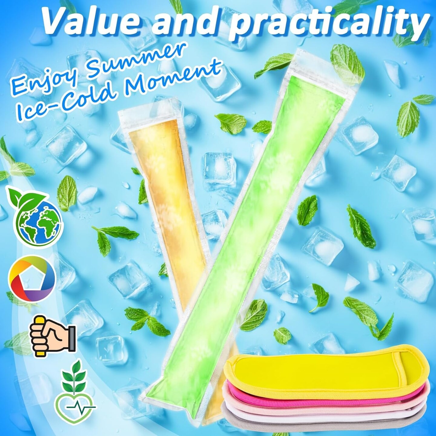 105 Popsicles Molds - 5 Ice Pop Sleeves 100 Disposable Popsicle Bags Sealable Freeze Sleeve for Fruit Snack, Yogurt Juice for Summer Party Edge Wrapped Leak - Proof Neoprene Family DIY