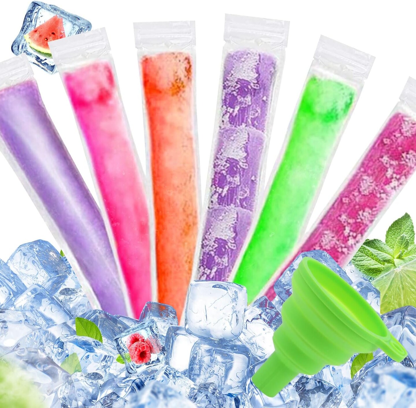 100PCS Recyclable Ice Popsicle Mold Bag,BPA Free Freezer Tubes With Zip Lock Seal Funnel for Healthy Snack Yogurt Stick Juice Fruit Smoothies Ice Candy Pops Family Party(11&#x22;x2.2&#x22;)