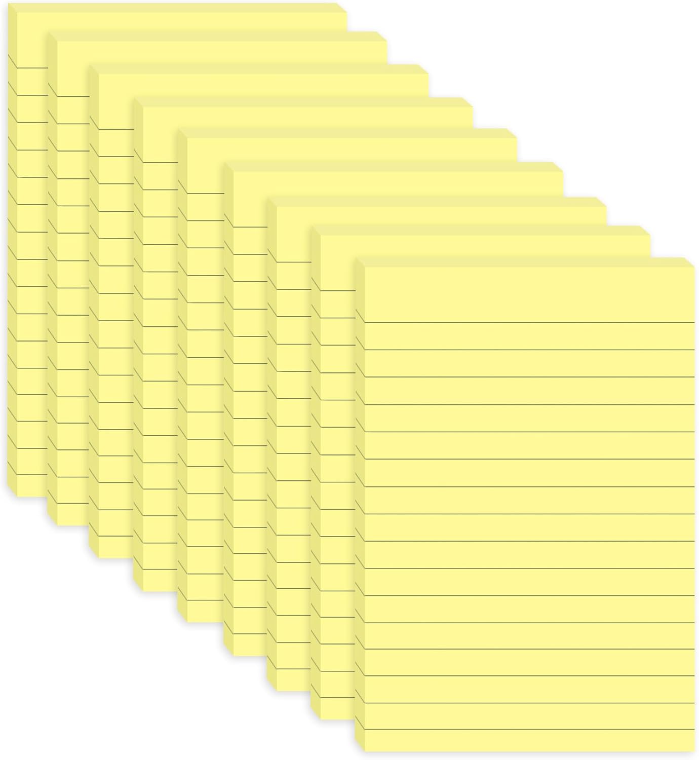 9 Pack Lined Sticky Notes 4X6 in Post Sticky Notes with Lines, Large Ruled Bright Color Super Sticking Power Memo Pads, for Home, Office, School (Yellow)