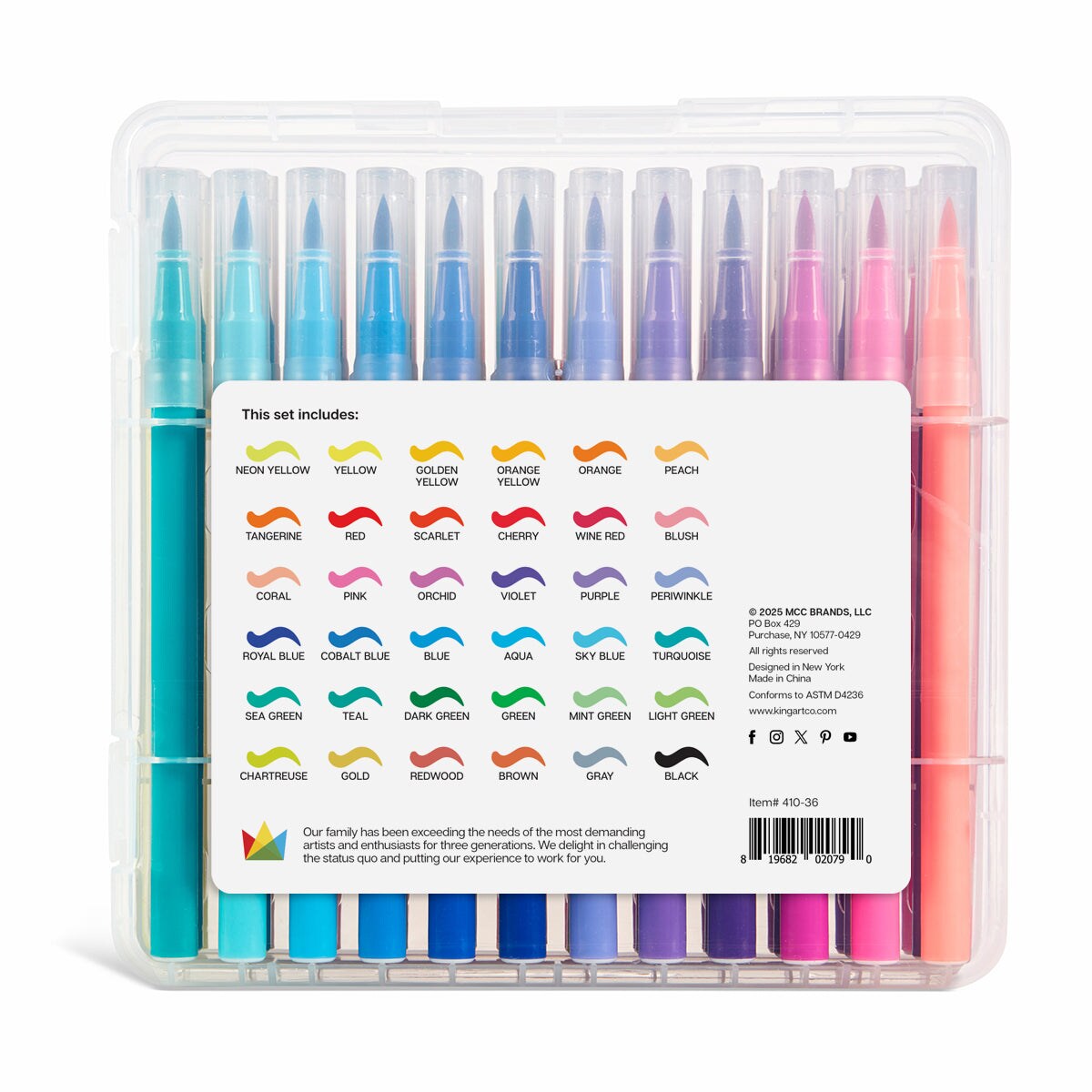 KINGART&#xAE; Watercolor Brush Markers, Storage Case, Set of 36 Unique Colors