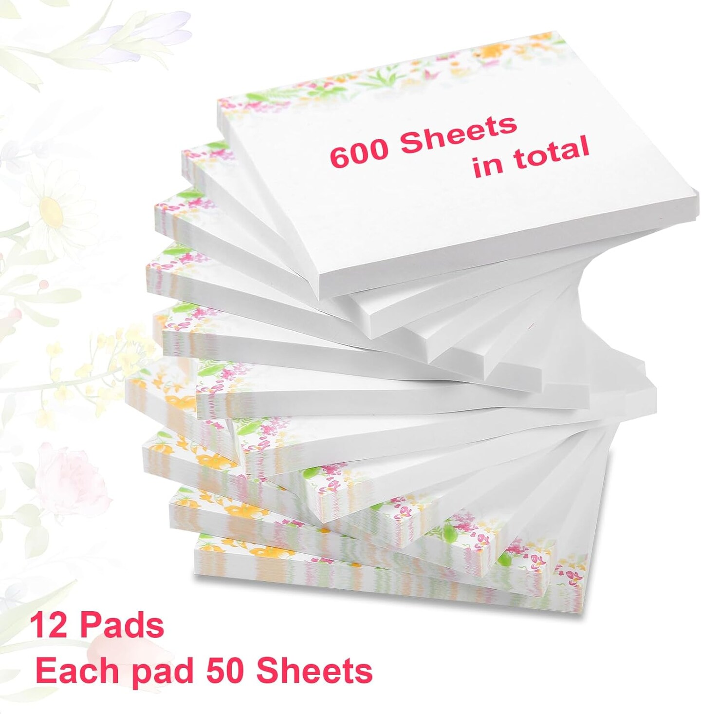 Artsy Pads, Cute Sticky Notes 3x3, 12 Pads of 50 Sheets, Floral Sticky Notes Cute for All Occasions. Perfect Planner Accessories, Phone Message Pads for Office, VL-FSN-134