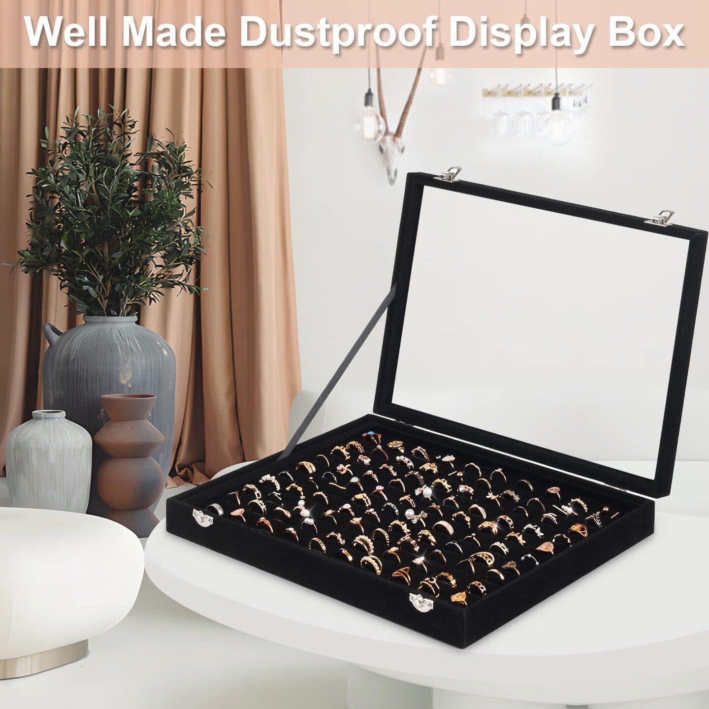 Ring Organizer for Jewelry, Ring Holder Box with Clear Lid, Dustproof Velvet Rings Display Tray Storage Case