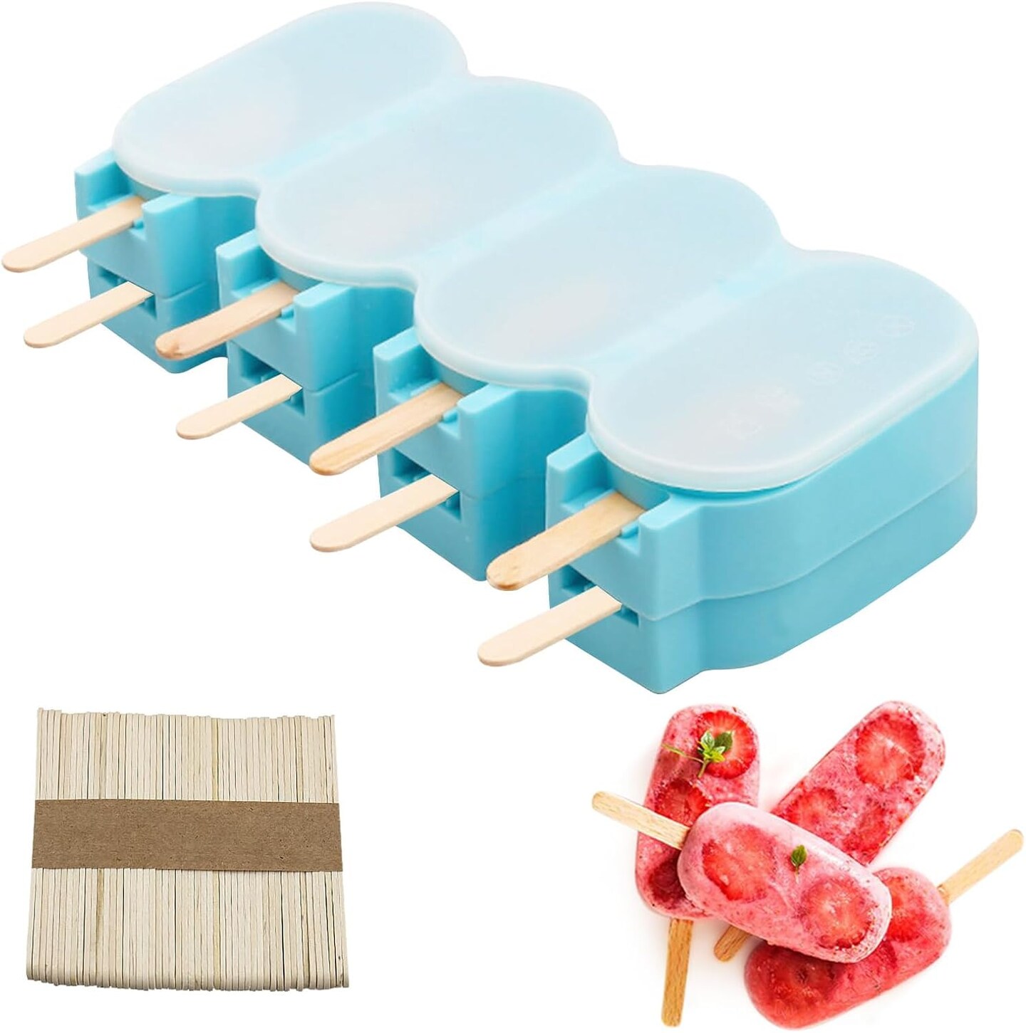 2-Pack Reusable Silicone Popsicle Molds with Lids – DIY Ice Cream, Candy, and Cakesicle Molds for 3D Chocolate, Ice Lollies, and Cake Pops, Includes 50 Wooden Sticks