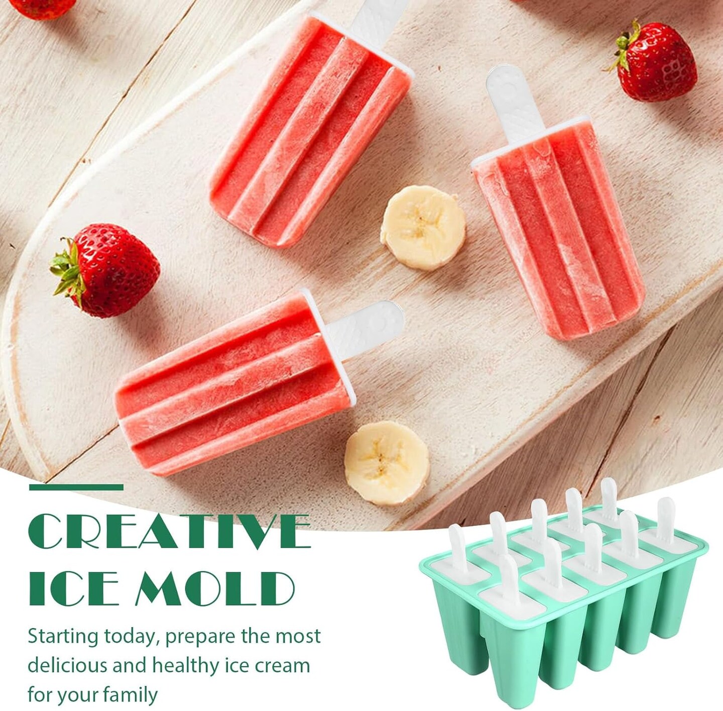 Mini Silicone Popsicle Mold, 10-cavity DIY Ice Pop Mold with Reusable Sticks,Homemade Popsicles Molds,Ice Cream Mold,Ice Pop Molds Maker (Green)
