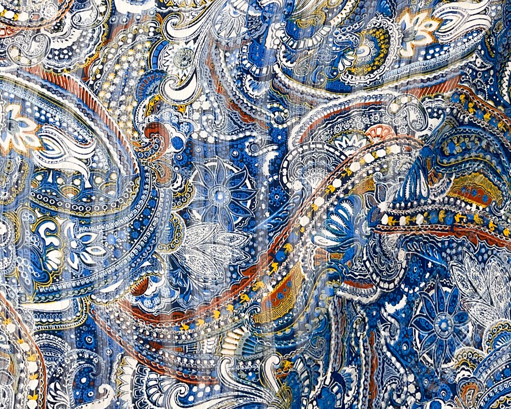 Blue-Multi Poly Paisley Printed Satin Stripe Chiffon Woven Fabric By the Yard