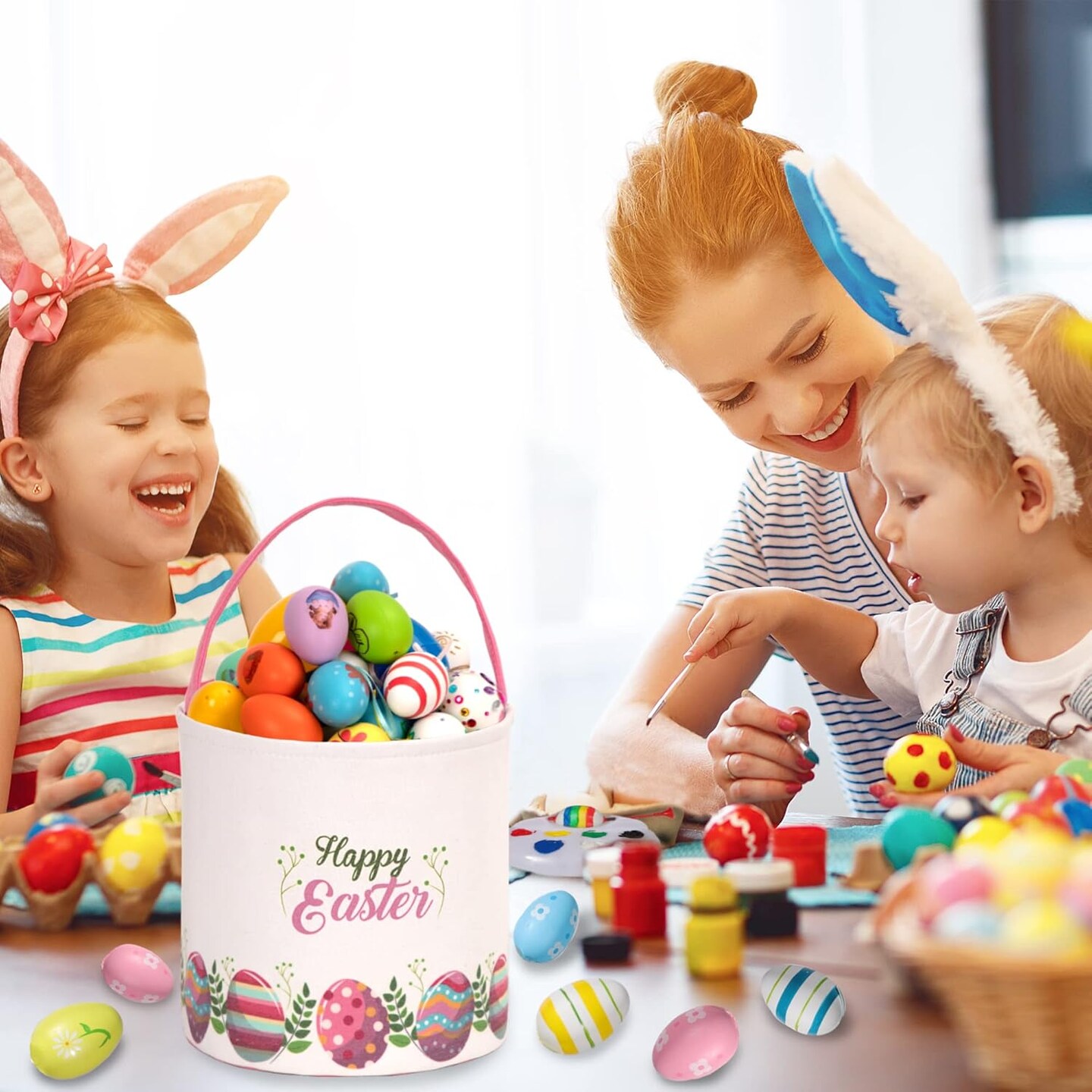 Easter Bunny Basket Egg Buckets Gifts Tote Bags, Canvas Cotton Pink Cute Personalized Egg Hunt Basket Stuffers for Easter Party
