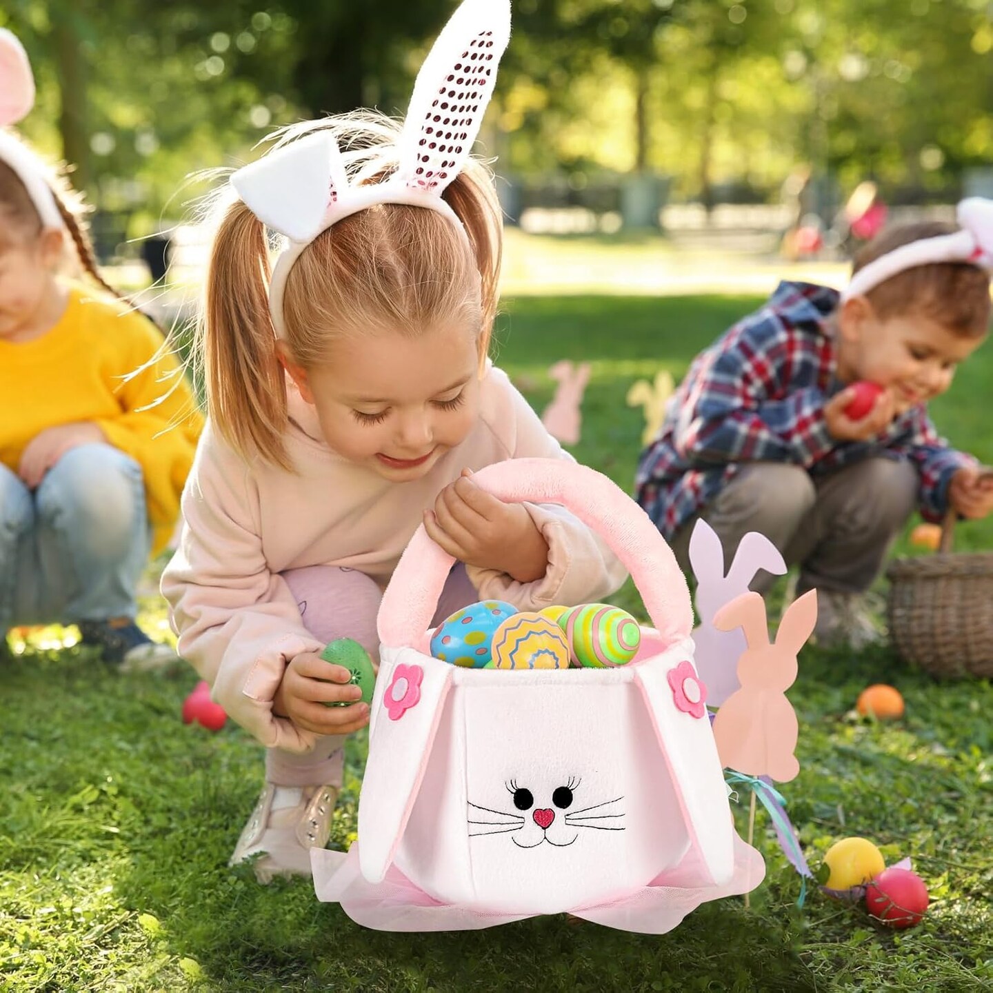 Easter Basket for Kids Empty - Bunny Easter Buckets with Rabbit Ears, Large Easter Basket Tote Bags for Egg Hunts, Easter Gifts for Girls