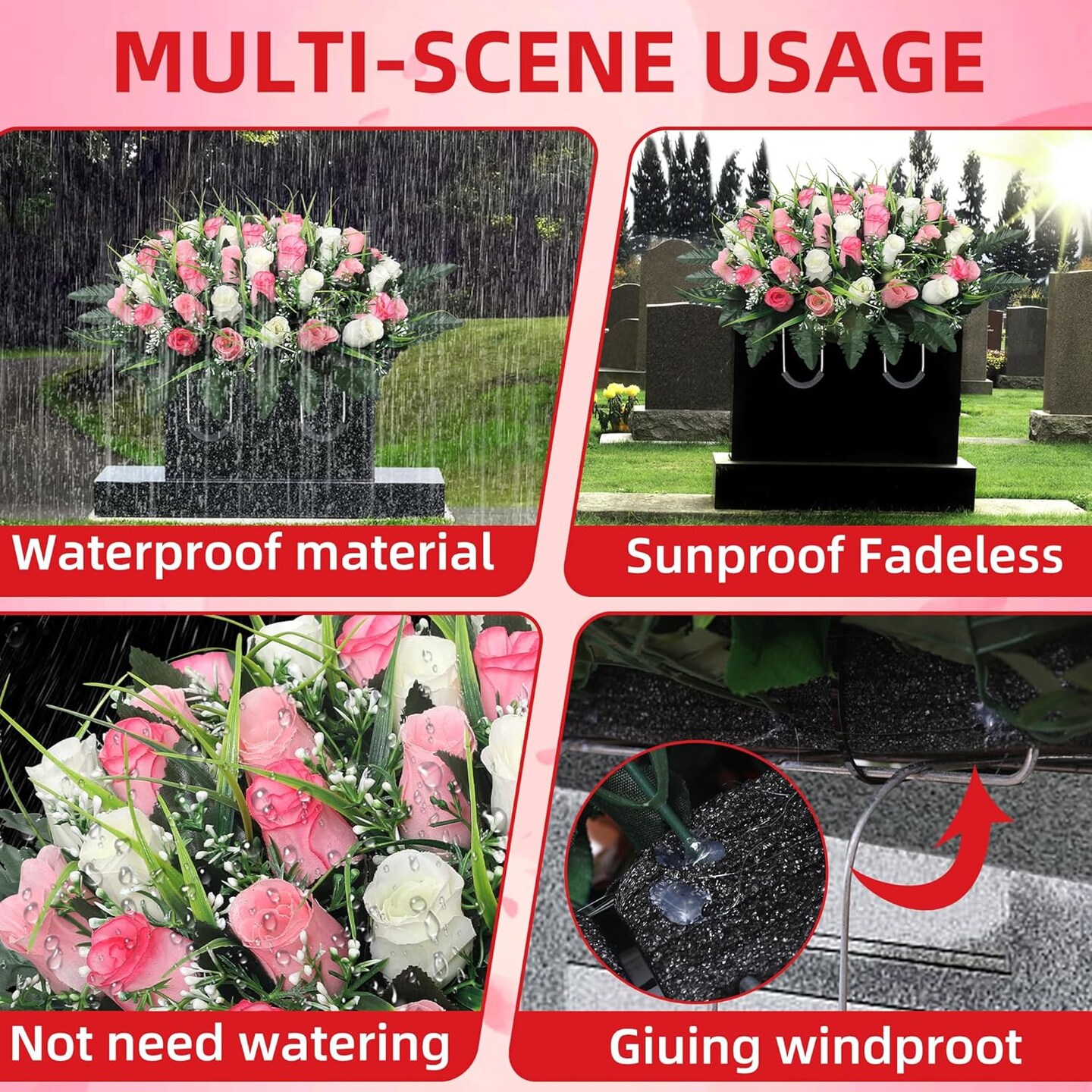 Cemetery Flowers for Grave,Headstone Flower Saddle,Flowers for Cemetery Grave Decoration Headstone Flower Saddle for Headstone Decoratio (Pink White)