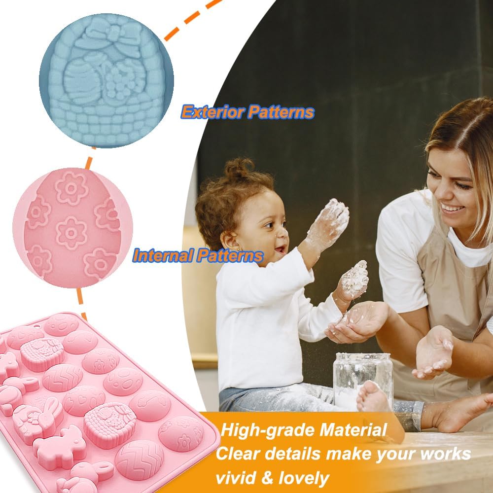 2 Pack Easter Gummy Chocolate Molds 18 Cavities Egg Rabbit Candy Mould Tray Baking Tools for Chocolate Cake Dessert Candy Mousse Pastry Handmade Soap Cupcake Topper Crayons