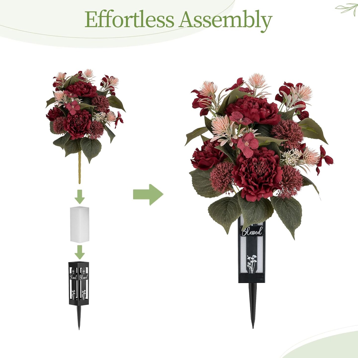 Red Cemetery Flowers for Grave – Set of 2 Peony Bouquets with Vases, Outdoor Spring Gravesite Decoration