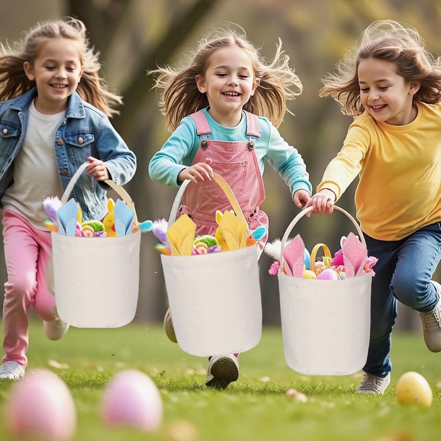 3 Pack Easter Baskets, Personalized Bunny Eggs Canvas Tote Bags for Easter Party Favor Supplies (A- DIY Canvas Baskets)