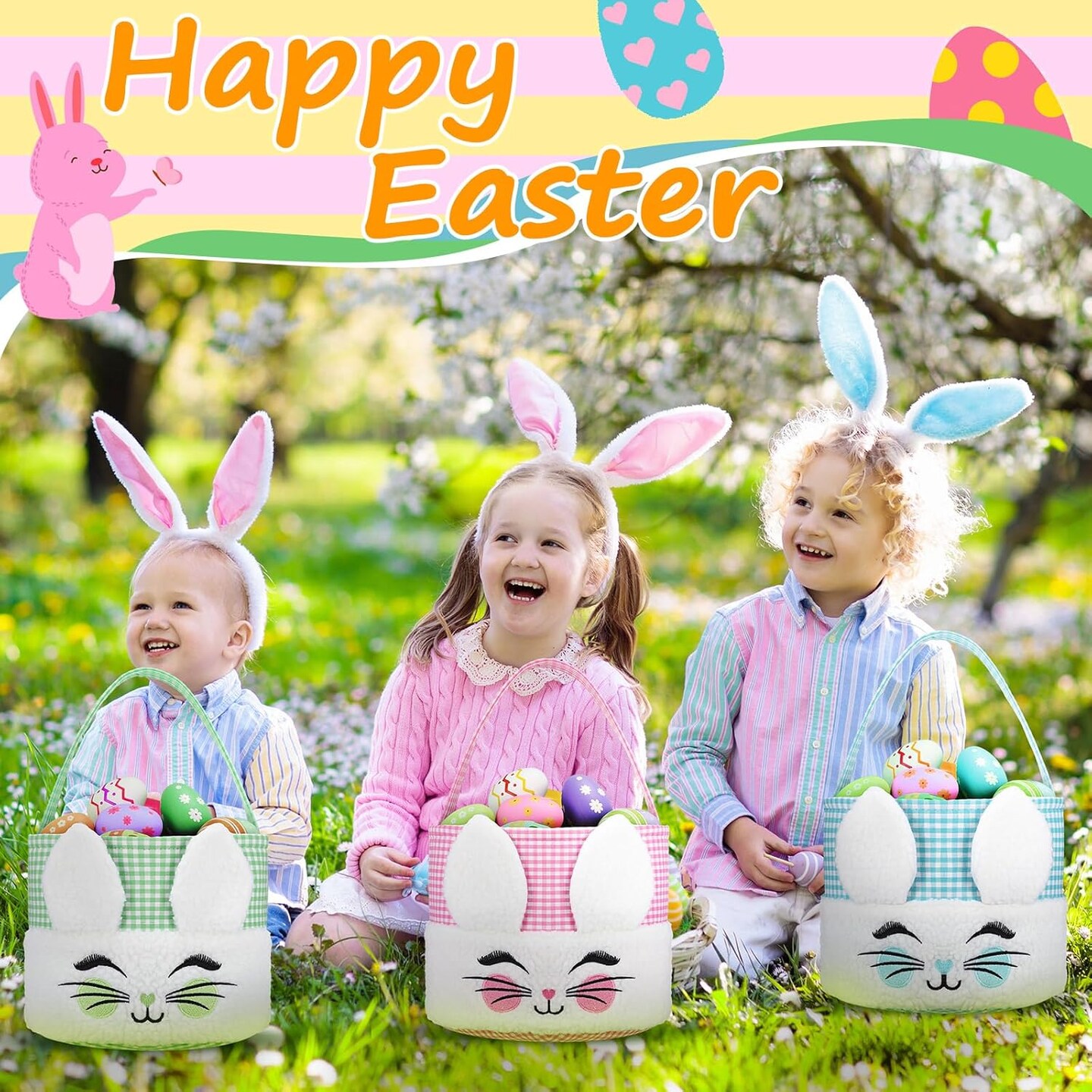 3 Pcs Easter Basket with Handle Soft Plush Empty Bunny Basket for Easter Eggs Treats Candy Gifts