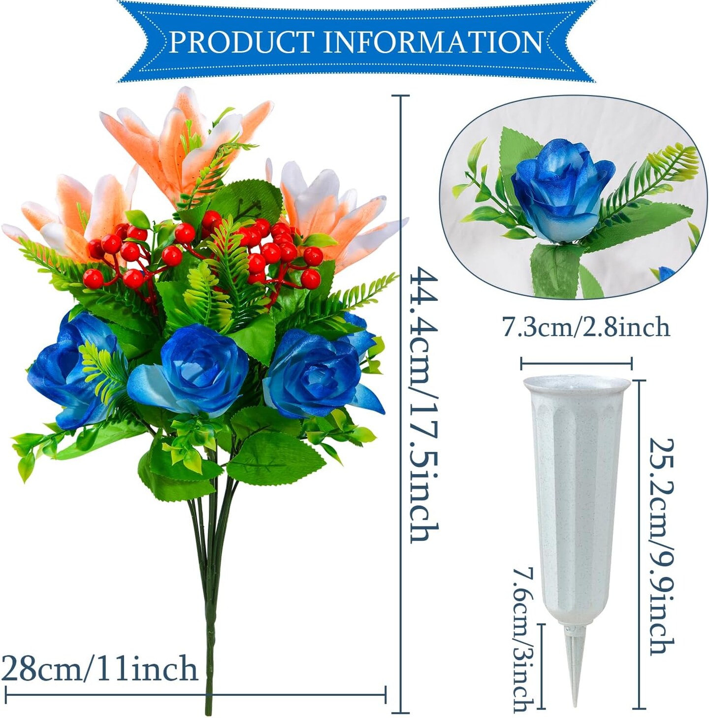Artificial Cemetery Flowers for Grave, Set of 2 Artificial Flowers Bouquet Memorial Flowers with Vase for Outdoor Cemetery Headstones Graveyard Gravestone Decoration