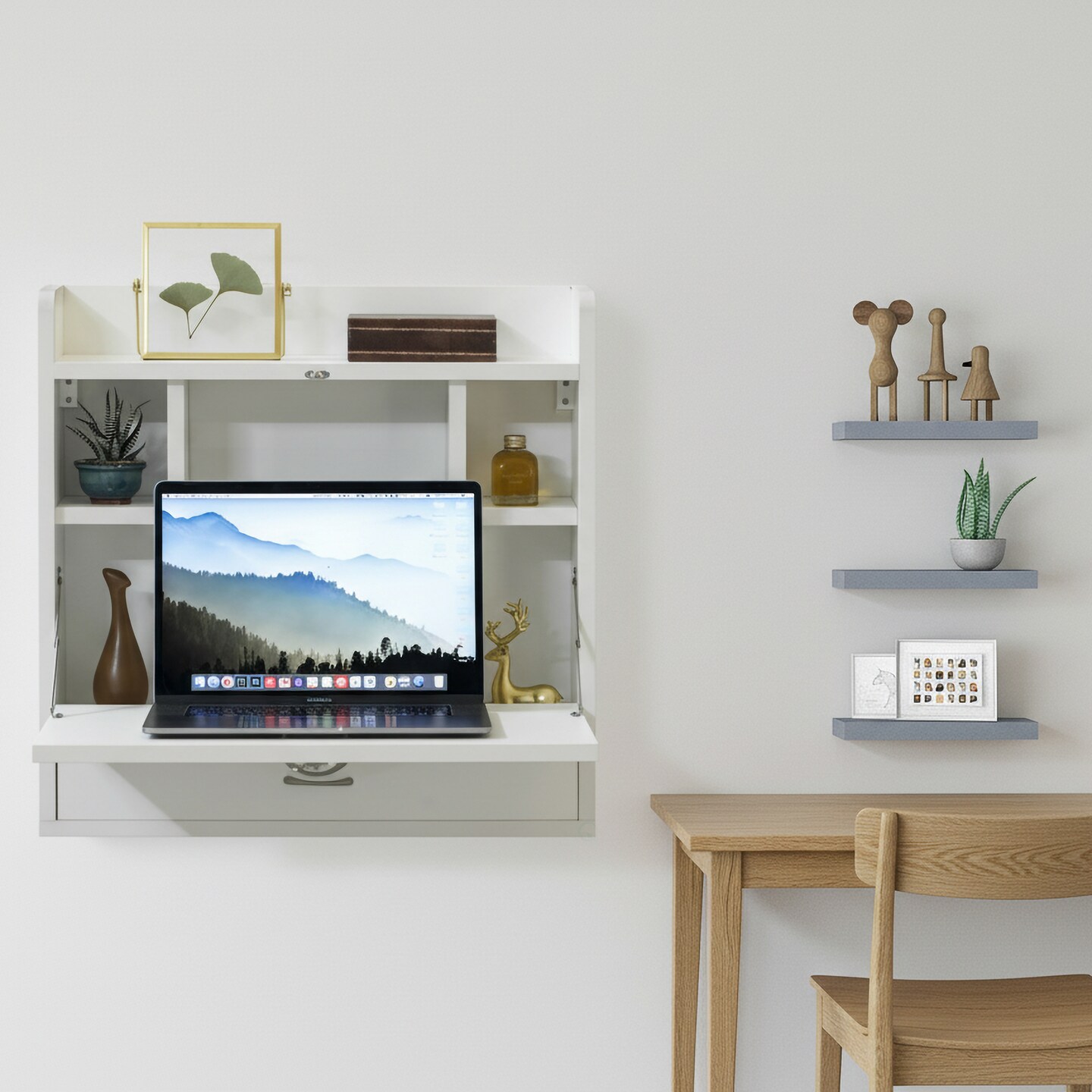 Wall Mount Folding Laptop Writing Computer or Makeup Desk with Storage Shelves and Drawer