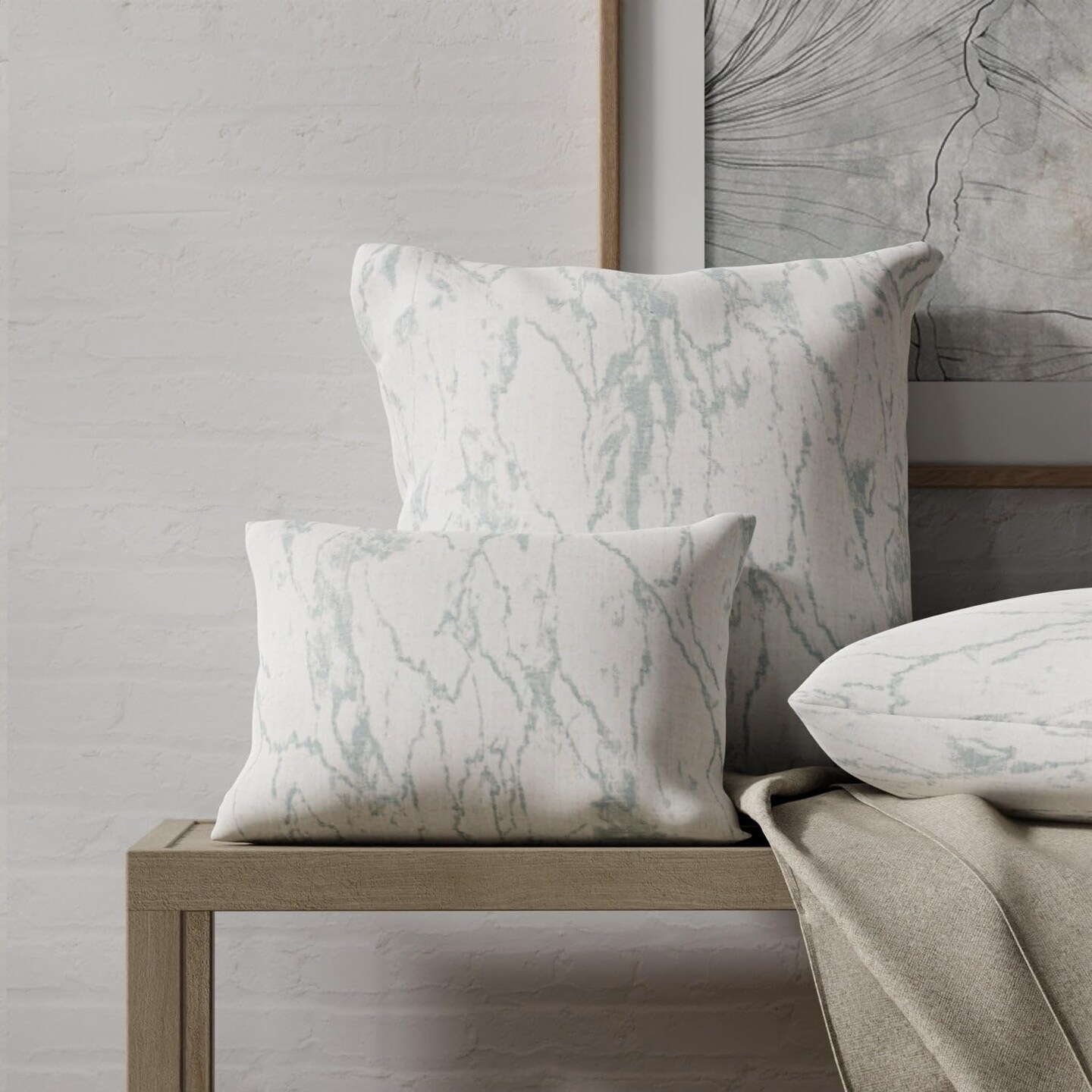 Aqua Teal Performance Grade Abstract Geometric Linen Look Print Upholstery Fabric by The Yard - SKU: Eliza Jade