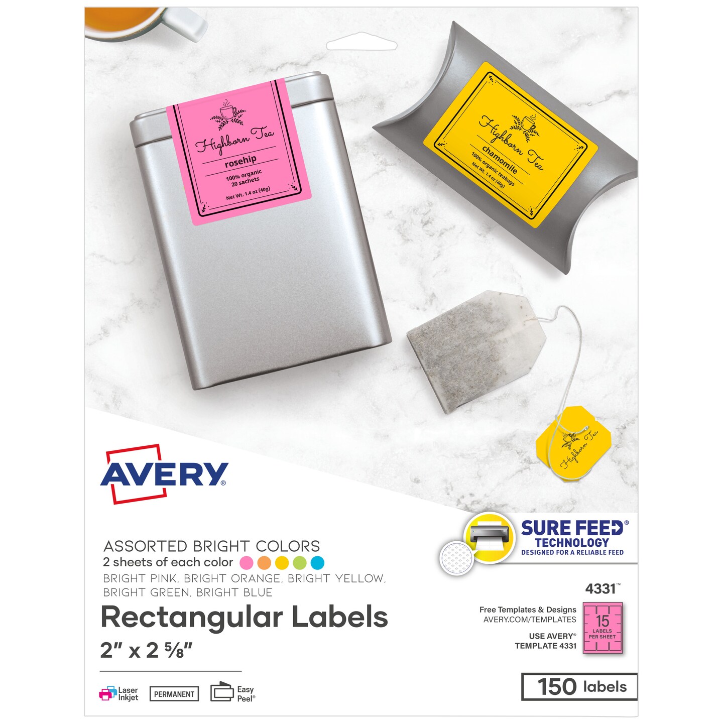 Avery Printable Labels with Sure Feed, 2" x 2-5/8", Assorted Bright Colors (Pink, Blue, Green, Yellow, and Orange), Laser & Inkjet Compatible, 150 Blank Labels Total (4331)