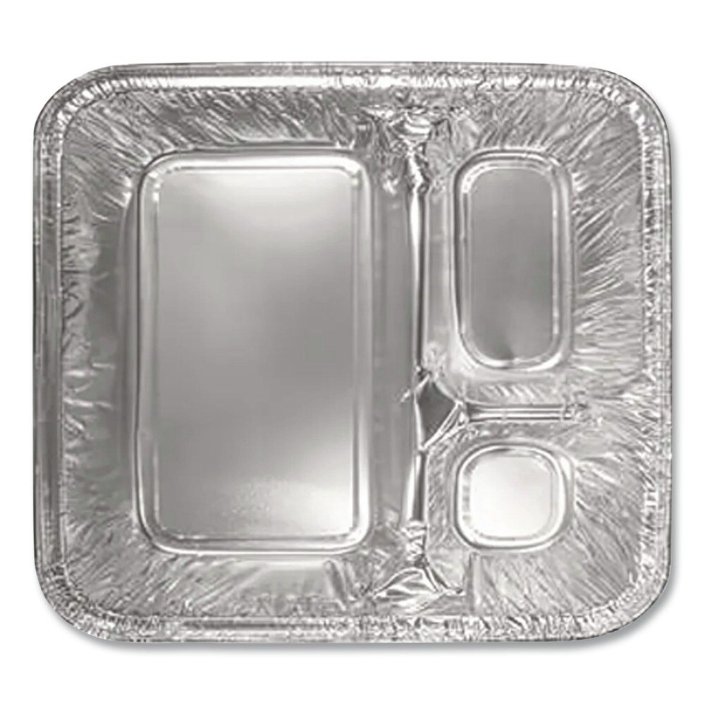 Handi-Foil 8.5 in. x 6.38 in. x 1.47 in. 24 oz. 3-Compartment Aluminum Oblong Container with Lid - Silver (250/Carton)