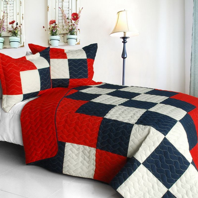 3-Piece Full/Queen Quilt Set, Vermicelli Quilted Patchwork, Reversible Bedding