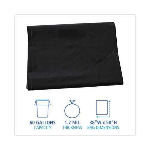 Boardwalk 60 Gallon 1.7 mil 38 in. x 58 in. Flat Pack Linear Low Density Industrial Can Liners - Black (100/Carton)