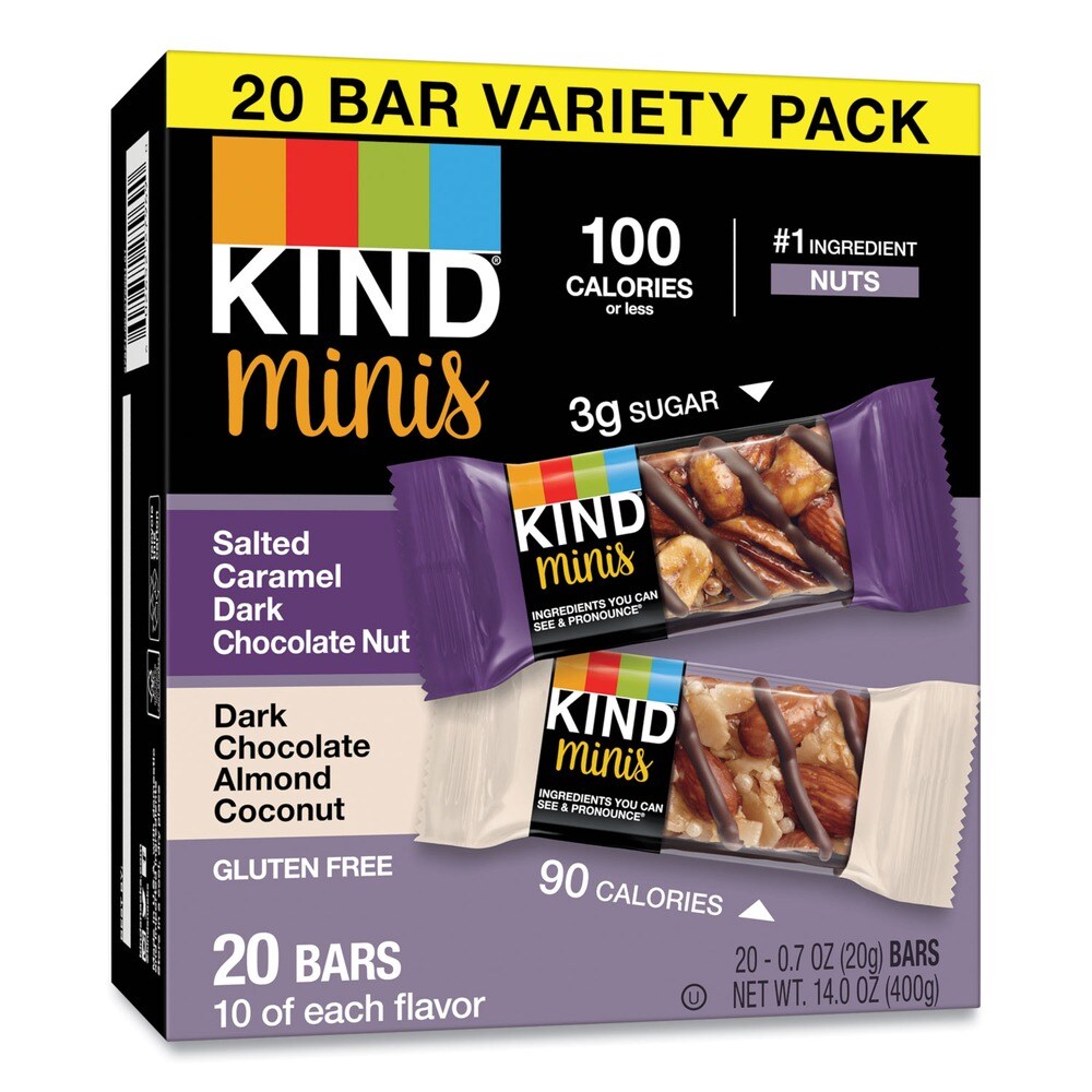 KIND 0.7 oz. Minis - Salted Caramel and Dark Chocolate Nut/Dark Chocolate Almond and Coconut (20/Pack)